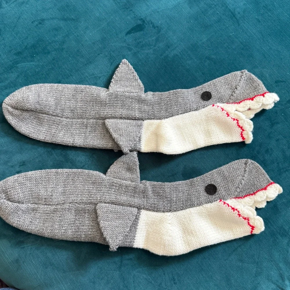 Handmade Knit Shark Socks Grey‎ White Red Novelty Fun Animal House Slippers